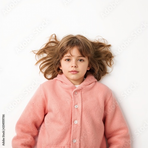Calm young girl with wavy brown hair lying on white background in cozy pink coat, serene expression, childhood innocence, fashion simplicity