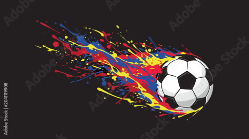 Soccer Ball with Colorful Paint Splatter Trail on Black Background