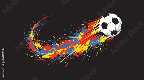 Dynamic Soccer Ball with Vibrant Colorful Paint Splashes on Black Background