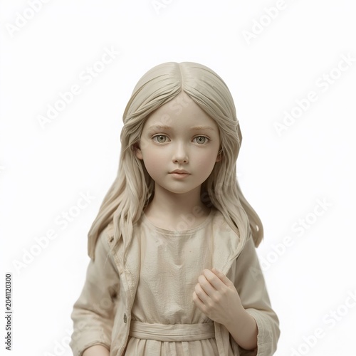 Realistic porcelain doll girl with long blonde hair and soft expression in beige outfit on white background