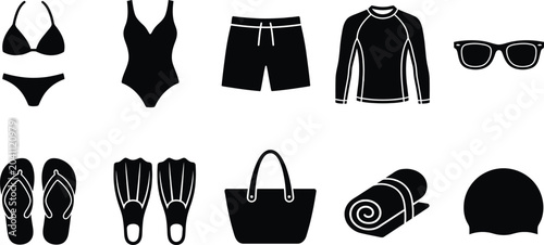 Foto Black silhouettes of beachwear and accessories isolated on transparent backgroun