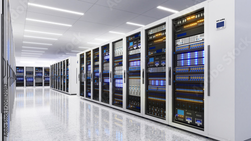 Obraz na płótnie White storage and processing unit, large AI processing server room, data center