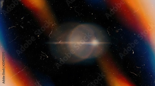 Retro film overlay background featuring scratches dust light leaks lens flare on black backdrop texture