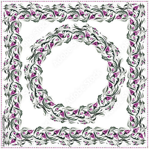 Vector floral frames. Seamless border patterns with purple berries and dark leaves on a white background. 2 pattern brushes in the brush palette