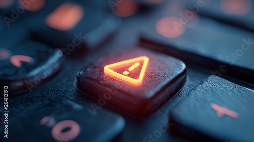 Close-up of a keyboard key with an illuminated warning symbol, emphasizing alertness and caution in technology.