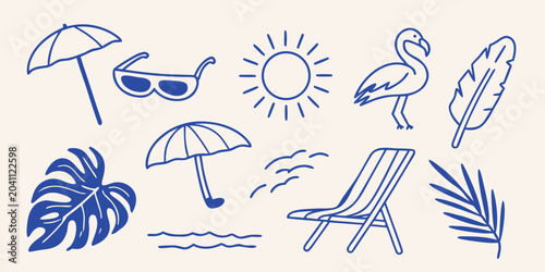 Foto summer vacation doodles in blue line art umbrella sunglasses sun flamingo feathe