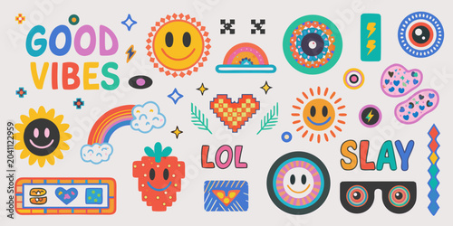 90s retro pop art stickers vector colorful smiley face sun heart strawberry