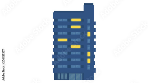 A simplified, flat illustration of a modern, multi-story building with illuminated windows, representing urban architecture and city living