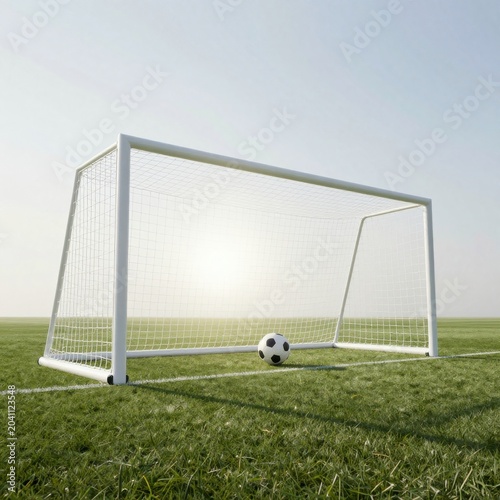 Soccer ball near small white goal on grass
