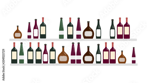 Assortment of Various Glass Wine and Alcohol Bottles Displayed on Shelves in a Modern Minimalist Vector Style Illustration
