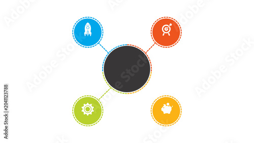 Infographic Diagram Template with Central Hub and Four Colorful Radial Connections for Business Strategy Presentation