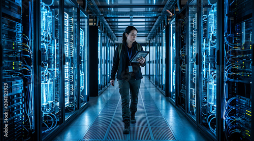 IT Professional Ensuring Peak Performance and Security in a High-Tech Data Server Room