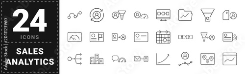 Sales analytics and lead management line icon set. Vector pictograms of scoring, forecasting, conversion, and pipeline elements, thin linear illustration.