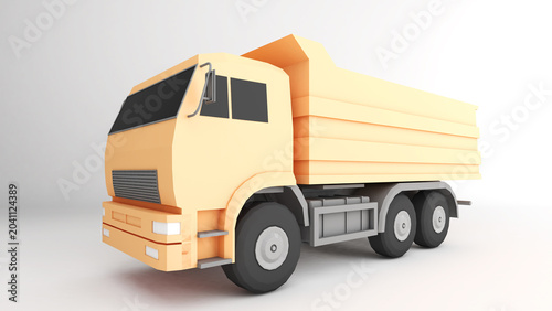 A 3D model of a 6-wheeled construction truck on a white background. 3d rendering
