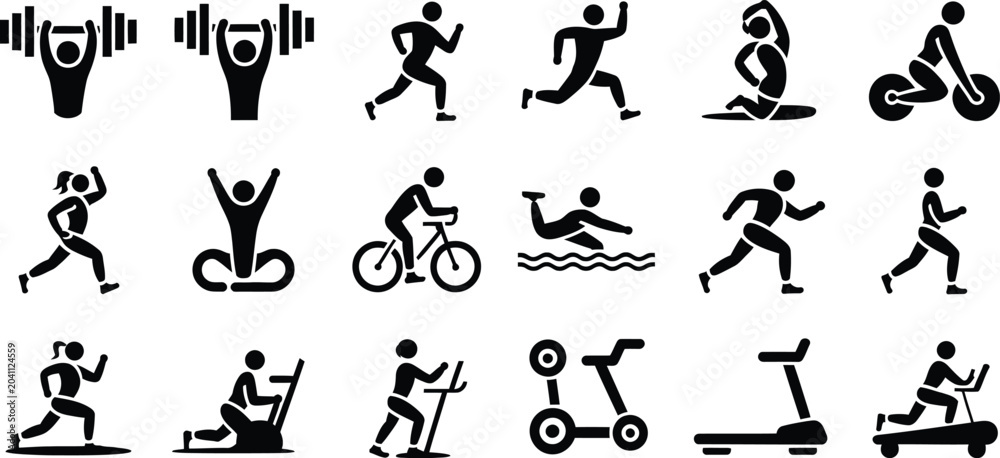 Fototapeta premium Fitness icons, workout symbols, exercise signs, 20 black pictograms, vector graphics