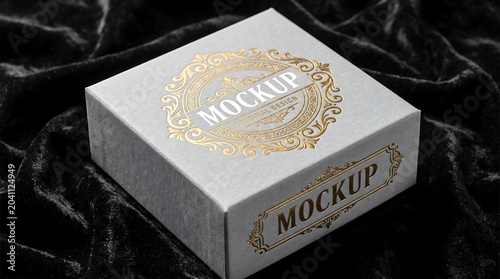 Luxury square gift box mockup with gold foil stamping logo on textured grey paper, premium packaging design template for branding presentation on black velvet fabric background