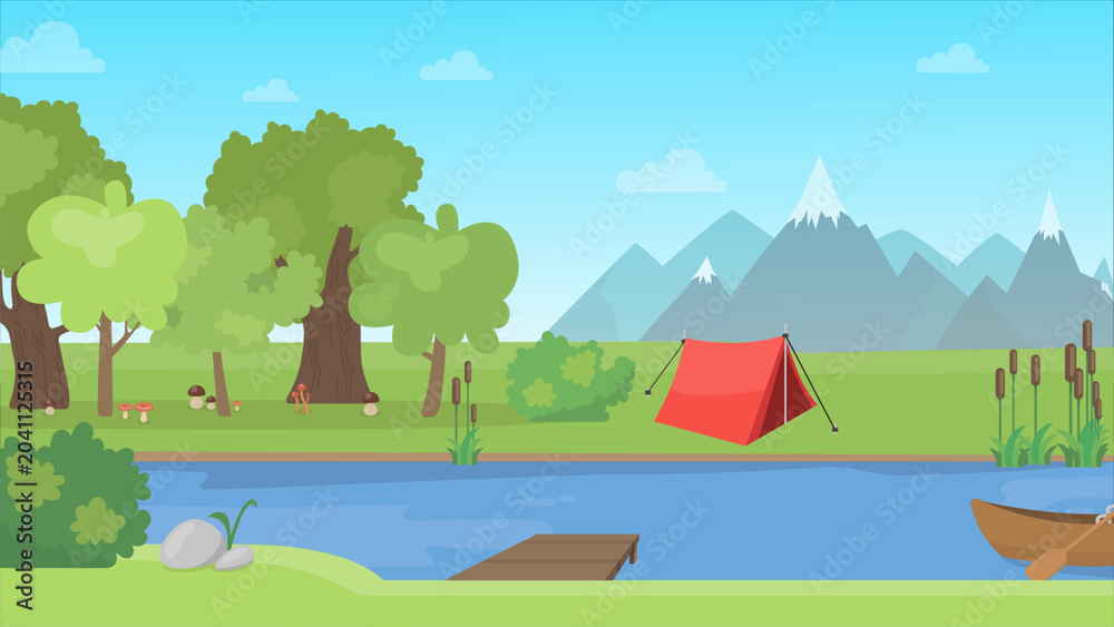 Naklejka premium Summer camping landscape with red tent by the river bank and mountain range background vector illustration