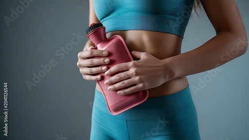 Person in teal sports outfit holding red hot water bottle against abdomen, symbolizing relief for cramps or muscle pain illustration