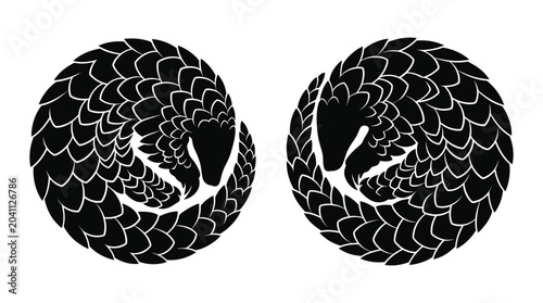 Cuadro en lienzo Pangolin silhouettes coiled in circular shapes on a white background