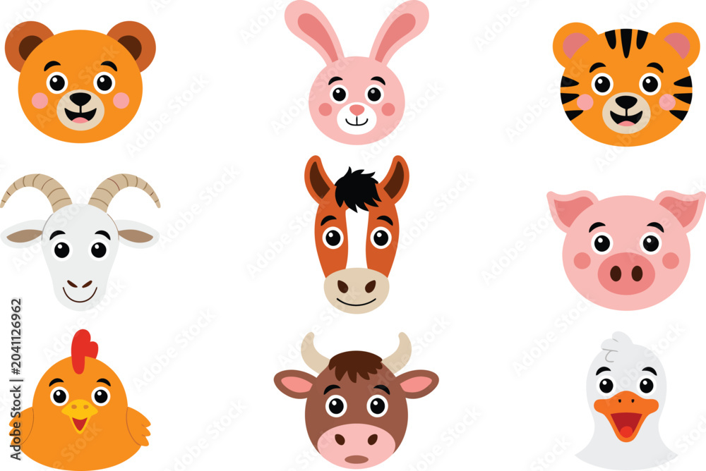 Fototapeta premium A 3x3 grid of cute cartoon animal faces featuring a bear rabbit tiger goat horse pig chicken