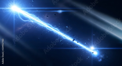 Electric blue energy beam emitting intense light in dark space