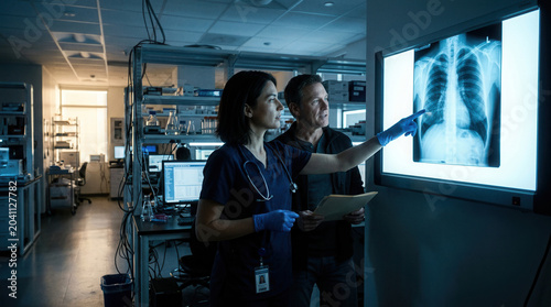 Medical Professionals Analyzing Chest X-Ray in Modern Hospital Setting