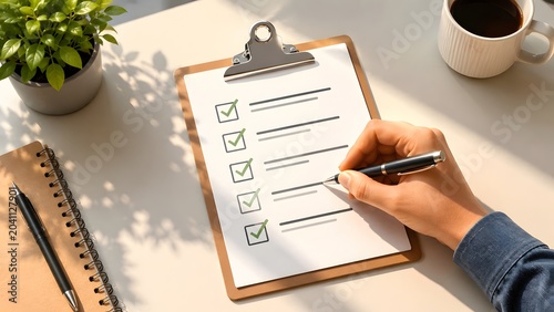 Person checking off tasks on a clipboard checklist representing daily schedule management and business productivity