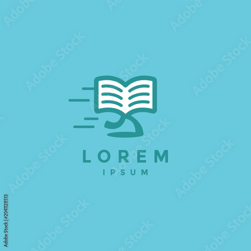Fun Open Book Runner Logo Design. Playful Running Feet Books Logo Design.