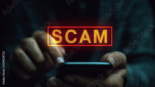 Close-up of a person's hands holding a smartphone with the word 'SCAM' displayed in red neon lights, conveying a sense of warning.