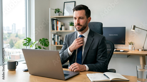 Dedicated professional preparing for work, adjusting his tie in a stylish office environment