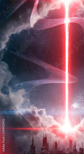 Abstract space tunnel with red laser light beam and sci-fi structure