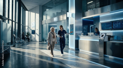 Medical Professional Guides Senior Woman Through Modern Hospital Reception Area