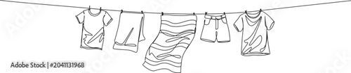 simple continuous line drawing of laundry drying on clothes line, line art vector illustration