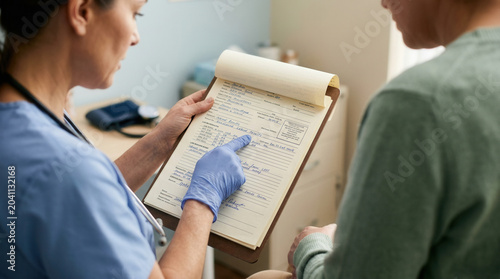 Medical Professional Explaining A Patient's Form And Pointing To Documents Clearly