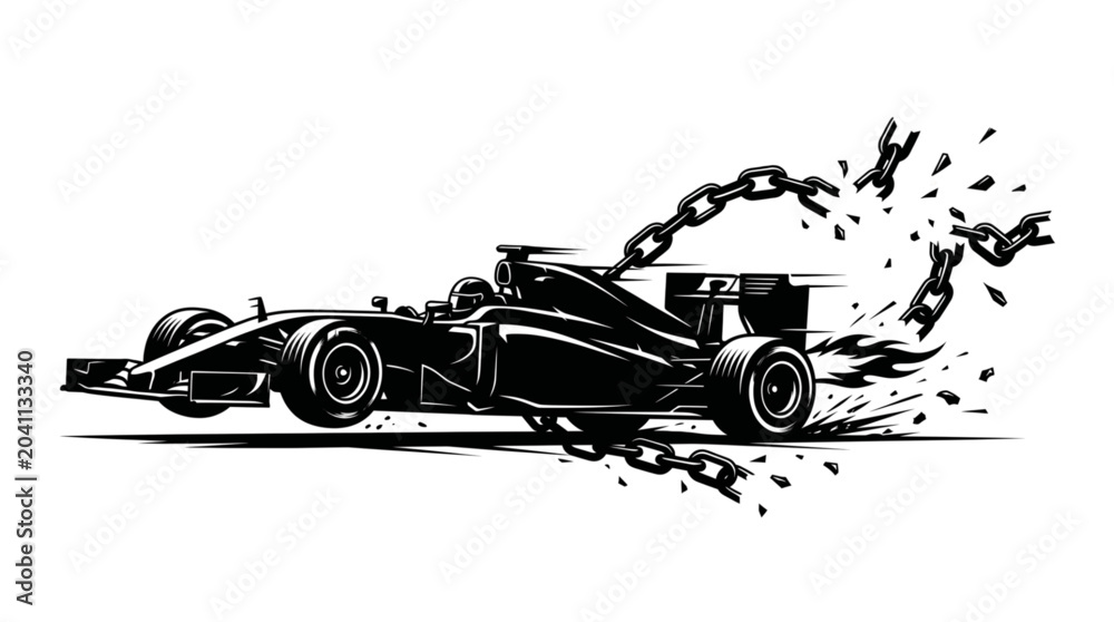 Naklejka premium silhouette of a formula race car breaking free from heavy iron chains at high speed