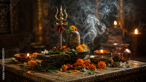 Shivling worship with flowers, incense smoke and diya lamps, hindu ritual concept with spiritual temple atmosphere