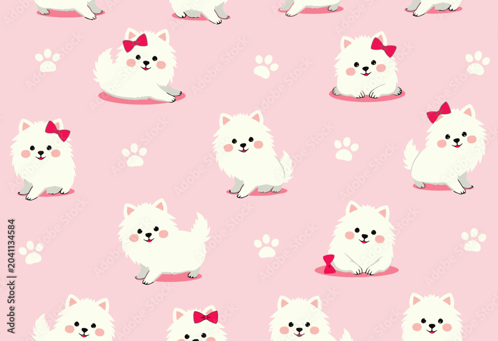 Fototapeta premium Cute cartoon dogs with bows on pink background.