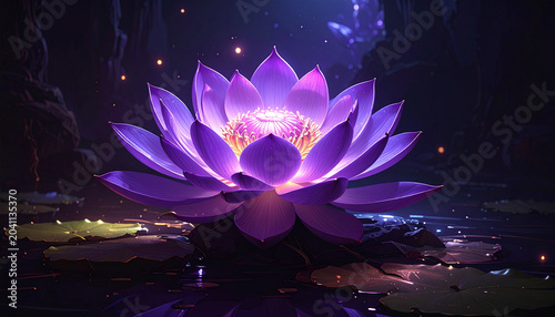 Luminous purple lotus flower on dark pond