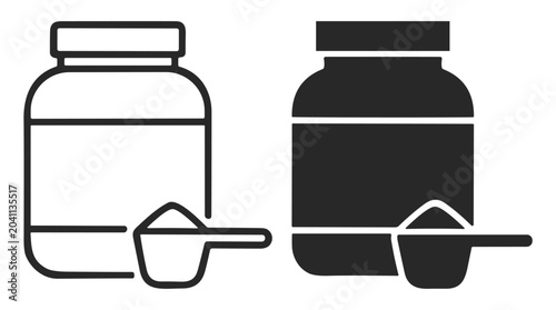 Tableau sur toile Black and white icon set of protein powder jars with scoops on a white backgroun