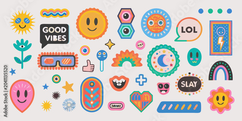 Konstfotografi 90s retro pop art stickers vector colorful illustration graphic design icons sym