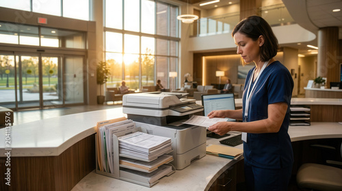 Medical Professional Printing Documents At A Modern Hospital Reception Desk Scene