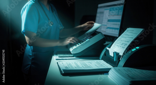Medical Professional Processing Documents in Clinical Office with High Productivity