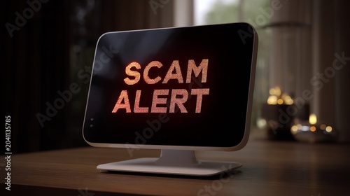 A digital display showing a 'SCAM ALERT' message in bold red letters, set against a dimly lit background.