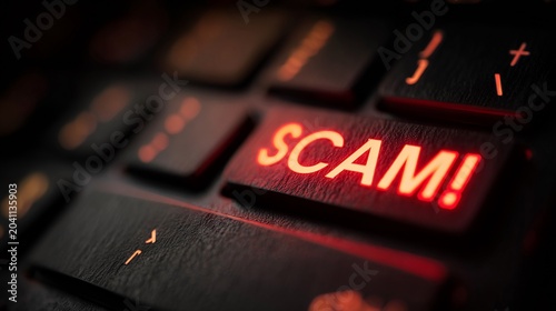 Close-up view of a computer keyboard with 'SCAM!' highlighted in red, symbolizing the dangers of online fraud.
