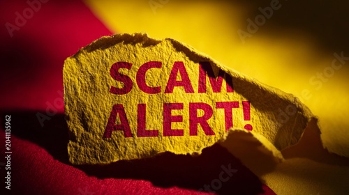 A torn piece of paper with 'SCAM ALERT!' printed prominently in red, set against a vibrant yellow and red background.