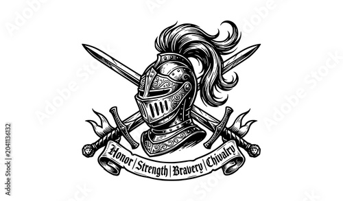 Photos Knight Helmet with Crossed Swords Black and White Medieval Vector Emblem