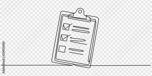 Continuous one line drawing of a clipboard with a checklist and a pen. Continuous line style. Hand drawn. Line art. Vector design. illustration, Continuous one line drawing of a clipboard with paper