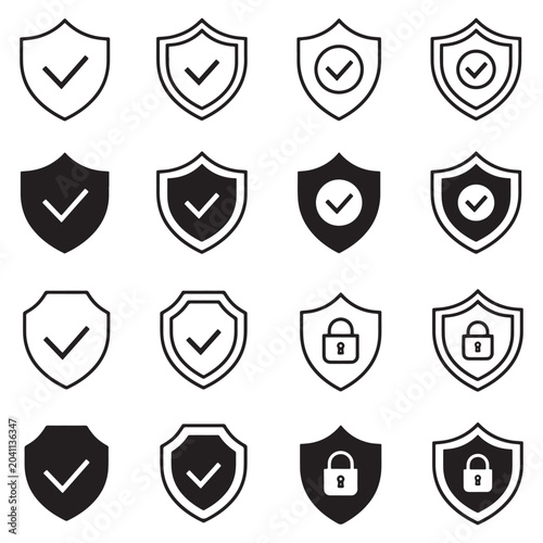 Collection of security shield icons with checkmarks and locks