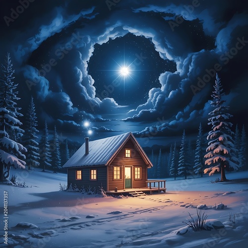 Cozy Winter Cabin in Snowy Night Forest with Glowing Star and Moonlight Art
