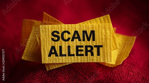 A red background showcases yellow sticky notes reading 'SCAM ALLERT', warning viewers about scams.